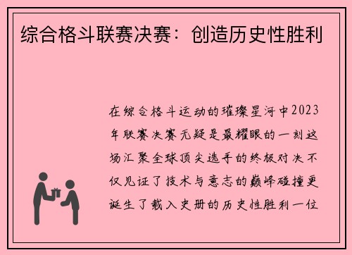 综合格斗联赛决赛：创造历史性胜利